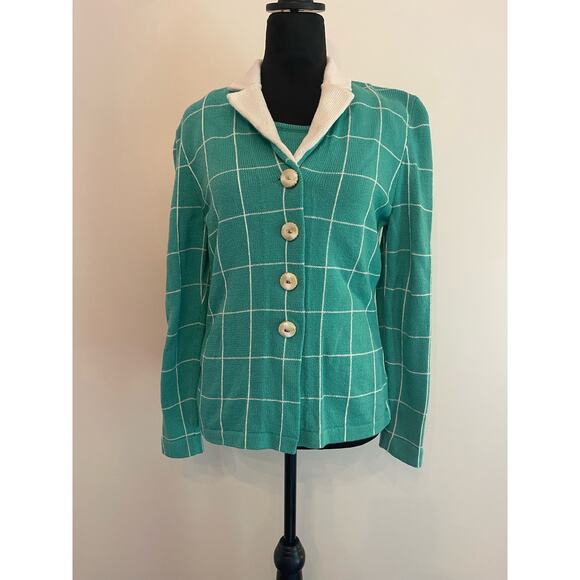 Vintage Jss women’s knit ware suit blazer & tank petite S green / white striped - Picture 1 of 16